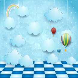 Cartoon Rainbow Hanging Clouds Backdrop Blue Printed Hot Air Balloons Customized Texts Baby Kids Birthday Party Photo Background