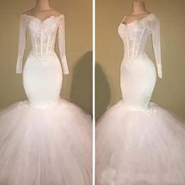 2019 Off The Shoulder Mermaid Wedding Dresses Lace Appliques Illusion Long Sleeves Slim Bridal Gowns Tulle Skirts Vestidos De Mariee