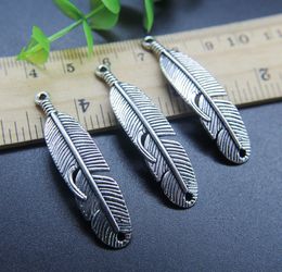 50pcs Feather Alloy Charms Bracelet Connector Pendant Retro Jewelry Making DIY Keychain Ancient Silver Pendant For Bracelet 45*11mm