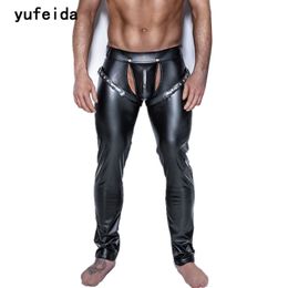 YUFEIDA Fashion Men PU Faux Leather Gothic Smooth Wet Look Catsuit Club Night Chram Stretch Leggings Men Sexy Clubwear Bodywear