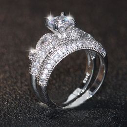 2018 New Arrival Luxury Jewelry 925 Sterling Silver Round Shape White Topaz CZ Diamond Birthstone Women Wedding Bridal Couple Rings Set Gift