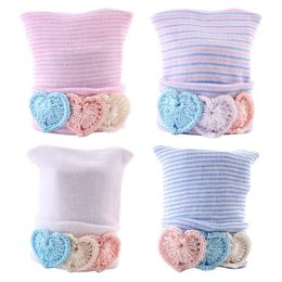 0-6M Newborn Baby Hats Infant Kids Soft Stripe Cotton Caps Beanie Heart Shape Decor Unisex Baby Hair Accessories Winter Ear Warmer