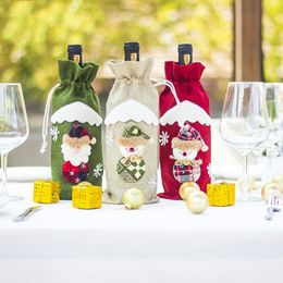 Christmas Red Wine Bottle Covers Linen Bags Santa Claus Snowman Ornaments Home Party Table Decorations Gifts
