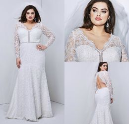 Plus Size Wedding Dresses Mermaid V Neck Lace Hollow Back Long Sleeves Bridal Gowns Sweep Train Country Fat Women Dress robes de mariée