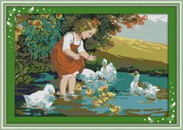 Little girl and ducks in pool decor paintings , Handmade Cross Stitch Embroidery Needlework sets counted print on canvas DMC 14CT /11CT