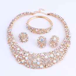 Women AB Colour Crystal Jewellery Sets With Necklace Earrings Bracelet Ring Statement Necklaces Boho Trendy Wedding for Party Direct Selling