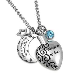 Blue birthstone Always in my heart Pendant with Initial Necklace moon Ash Holder Urn Necklace Cremation Memorial Jewellery