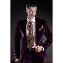 Italian Stylish Purple Velvet Men Suit Groomsmen Groom Tuxedo Prom Wedding Best Man Blazer Slim Fit Smart Casual (Jacket+Pants)