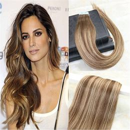 Real Human Hair Full Head Tape in Extensions Omber Balayage Color#4 Brown fading to #27 Honey Blonde Mixed #4 Invisible Skin Weft 100g