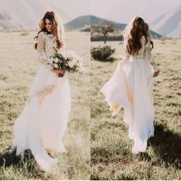 Bohemian Ivory Long Sleeves Country Wedding Dresses Jewel Lace Applique A Line Chiffon Bridal Gowns Custom Made Plus Size Boho Wedding Gowns