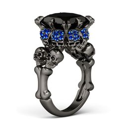 Vintage Punk Fashion Jewellery Wholesale New Brand 10KT Black Gold Filled Big Blue Sapphire Diamond Women Wedding Skull Band Ring Gift Box