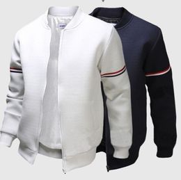 Mens Striped Solid Color Bomber Jacket Fashion British Long Sleeved Outdoor Jacket Coat Male Stand Collar Coat Tops