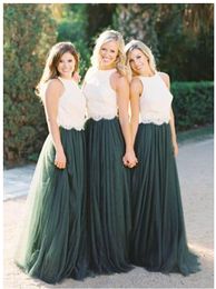 Yüksek Boyun A-line Uzun Nedime Elbiseler Zümrüt Yeşil Dantel Tül Draped Düğün Parti Elbise Abiye giyim Nedime Brida için