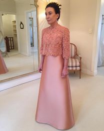 Modest Lace Mother Of The Bride Dresses With Lace Jacket Plus Size Jewel Neck Wedding Guest Dress Floor Length Beaded Satin Evening Gowns