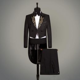 Cool Peak Embroidery Lapel Groomsmen Double-Breasted Groom Tailcoat Men Suits Wedding/Prom/Dinner Best Man Blazer(Jacket+Pants+Tie+Girdle)
