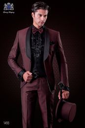 High Quality Groom Tuxedos One Button Burgundy Shawl Lapel Groomsmen Best Man Suit Wedding Mens Suits (Jacket+Pants+Vest+Tie) J200