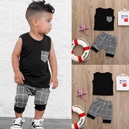 2018 New Baby Boys Sets Summer INS Children Gray Lattices Cotton Sleeveless T Shirt + Shorts 2pcs Suit Kids Fashion Casual Clothes Set 0-5T