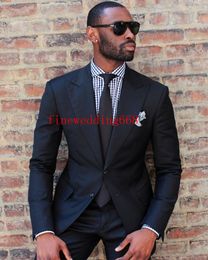 Handsome Peak Lapel Two Buttons Groom Tuxedos Men Suits Wedding Prom Dinner Best Man Blazer Black brothers Wedding(Jacket+Tie+Girdle+Pants)
