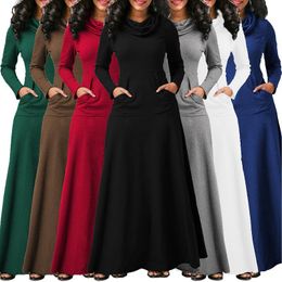 Women Warm Dress With Pocket Casual Solid Long Sleeve Vintage Maxi Dress Robe Bow Neck Long Elegant Dress Vestidos Female Body C18111901