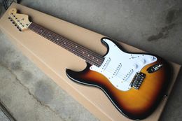 Factory Custom Tobacco Sunburst Electric Guitar with White Pickguard,Chrome Hardwares,Rosewood Fretboard,Offer Customized