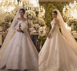 2018 Danymizrachi 화려한 긴 소매 웨딩 드레스 스파클리 크리스탈 라인 장식 Tulle Bridal Gowns 환상 빈티지 웨딩 드레스