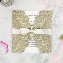 Laser Cut Lace Flower Pattern With Free Self-adhesive Bowknot Ribbons Wedding Invitations Cards For Birthday Baby Shower Wedding Invitations