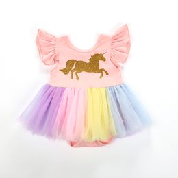 2018 Newborn Clothes Baby Girls Unicorn Flying Sleeve Tutu Lace Dress Romper Patchwork Colourful Cute Cotton Romper Outfits Baby Clothing