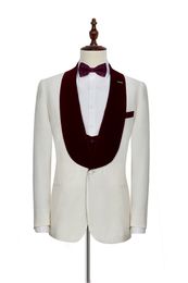 Customise Ivory 3 Piece Suit Men Wedding Tuxedos Groom Tuxedos Burgundy Velvet Lapel Men Business Dinner Prom Blazer(Jacket+Pants+Tie+Vest)8