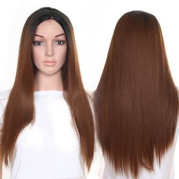 Top Quality 4 Colour type Long Silky Straight Black Roots Ombre wig blonde brown Grey green Synthetic Wigs Heat Resistant Fibre