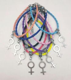 50PCS Female Symbol Women Bracelet/Bangle Venus Symbol Charms Bracelet Vintage Silver Leather Rope Feminist Bangle Women Jewelry A94