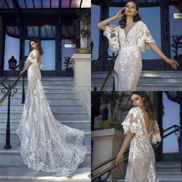 mermaid wedding dresses lace appliques v neck sweep train sexy backless boho bridal gowns plus size wedding dress