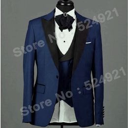 New Style Groomsmen Navy Blue Groom Tuxedos Peak Black Lapel Men Suits Wedding Best Man Bridegroom (Jacket + Pants + Vest + Tie) L202