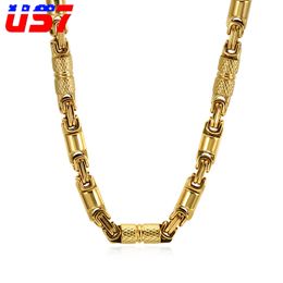 US7 Two Tone Gold-Color Titanium Stainless Steel 55cm Long 6mm Wide Heavy Link Byzantine Box Chains Necklaces for Men Jewelry