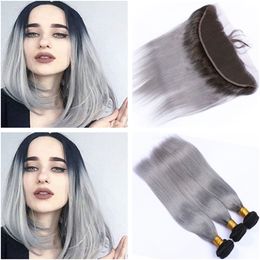 Silver Grey Ombre Virgin Human Hair Bundle Deals 3Pcs with Frontal Straight 1B/Grey Dark Rooted Ombre 13x4 Lace Frontal Closure with Weaves