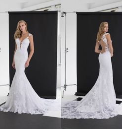 White Mermaid Wedding Dresses V Neck Sweep Train Lace Appliques Sexy Backless Country Wedding Dress Cap Sleeve Plus Size Bridal Gowns