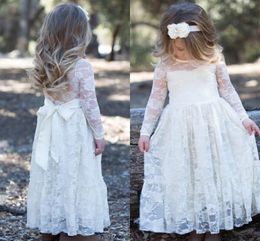 White Lace Jewel Neck Flower Girls Dresses For Weddings Long Sleeves Floor Length Infant Children A Line Birthday Party Dresses