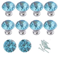 10pcs Set Blue Diamond Shape Crystal Glass Cabinet Knob Cupboard Drawer Pull Handle Great for Cupboard, Kitchen and Bathroom Cabinets (30MM)