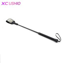 53cm Length Black PU Leather Rivet Sex Whip Riding Crop Spanking Paddle Sex Toys Product Flogger for Couple Adult Sex Games Y18100702