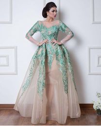 Modest Vintage Arabic Dubai Evening Dresses Formal Ball Gowns Sheer Long Sleeves Hunter Green Appliques Pageant Celebrity Gowns Prom Dress