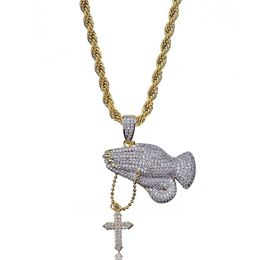 Mens Bling Iced Out Cross Praying Hands Pendant Necklace Gold Plated Hip Hop Cubic Rope Link Chain Men Jewelry Accessories