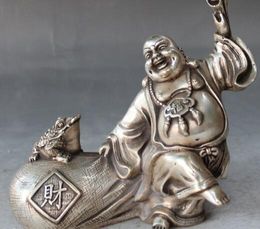 China Silver Wealth Golden Toad Spittor Happy Laugh Maitreya Buddha Statue