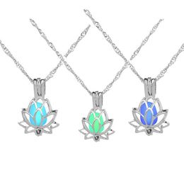 Trendy Silver Color Lotus Flower Luminous Glow In The Dark Crescent Pendant Necklace For Women Pearl Cage Jewelry Gift