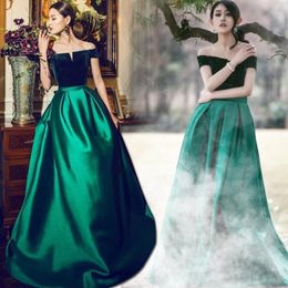 Boat Neck A Line Long Formal Dresses Emerald Green Elegant Evening Dresses Velvet Satin Prom Wear