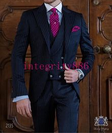 New Arrival Strips 3 Piece Suit Men Wedding Tuxedos Excellent Groom Tuxedos Best Men Business Dinner Prom Blazer(Jacket+Pants+Tie+Vest) 480