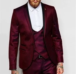 Wine 3 Piece Suit Groom Tuxedos Fashion Bridegroom Wedding Suit High Quality Men Wedding Prom Dinner Blazer(Jacket+Pants+Tie+Vest) 439