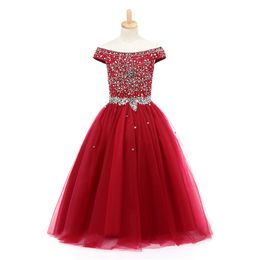 Bordo Küçük kızın Pageant elbise Doğum Günü Partisi 2020 Çocuklar Resmi Giyim Çiçek Topu Kız Kıyafeti Turkuaz Boncuk Kristaller Genç Çocuklar 2019