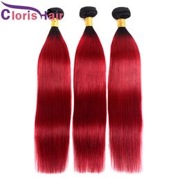 Cuticle Aligned Red Ombre Brazilian Virgin Hair Extensions Straight Coloured Human Hair Bundles Dark Roots 1B Red Brazillian Ombre Weaves