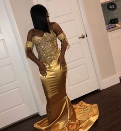 Gold South Africa Women Prom Dress Evening Dresses Mermaid Off The Shoulder Short Sleeve Beading Crystal Backless Formal Gowns Evening Dress