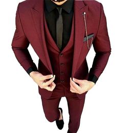 Burgundy Groom Tuxedos Slim Fit Men Wedding Tuxedos Excellent Men Business Dinner Prom Blazer 3 Piece Suit(Jacket+Pants+Tie+Vest) 1005