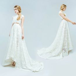 2019 Two Pieces Wedding Dresses Vintage Lace Jewel Neck Capped Short Sleeves Hi Low A-line Country Bridal Gowns Court Train